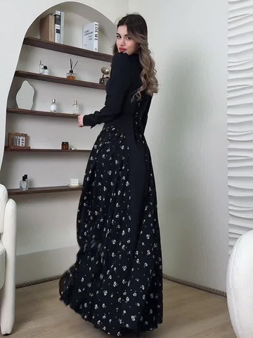 2025 Temperament Long-Sleeved Design Round Collar Small Broken Floral Dress Dress Dress Woman
